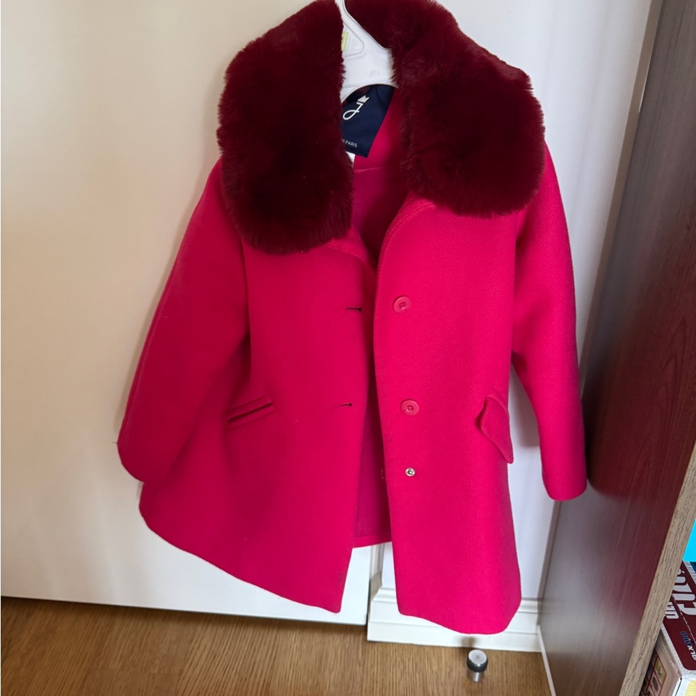 Jacadi Girls Pink Wool Coat with Faux Fur Collar 5 years